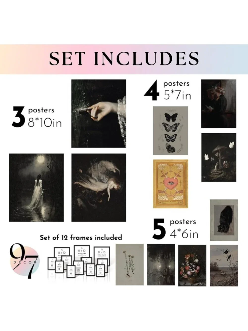 Framed Gothic Wall Art Set - Dark Academia Decor, Elegant Black Frame, Home